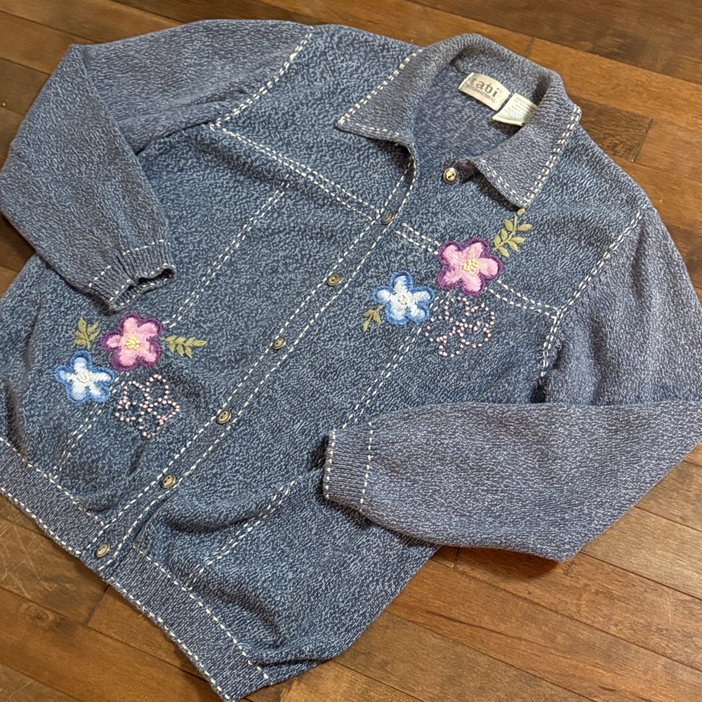 Vintage Tabi Women's 100% Cotton Blue Cardigan Sweater Floral Embroidery